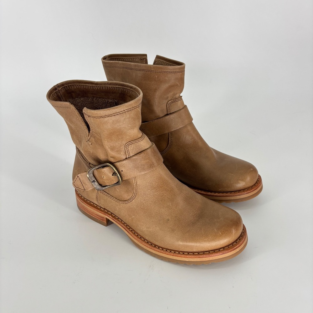 Frye Veronica Flex Ankle Bootie Beige Tan Women Size 6 Leather Buckle Low Heel